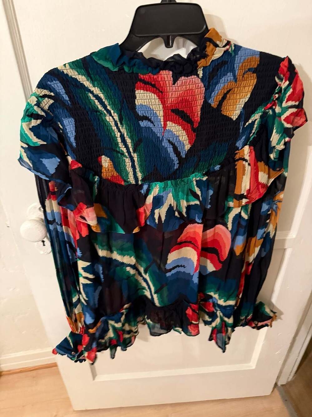 FARM Rio Women's Chevron Black Forest Smocked Ruffle Blouse, Large - Picture 2 of 5